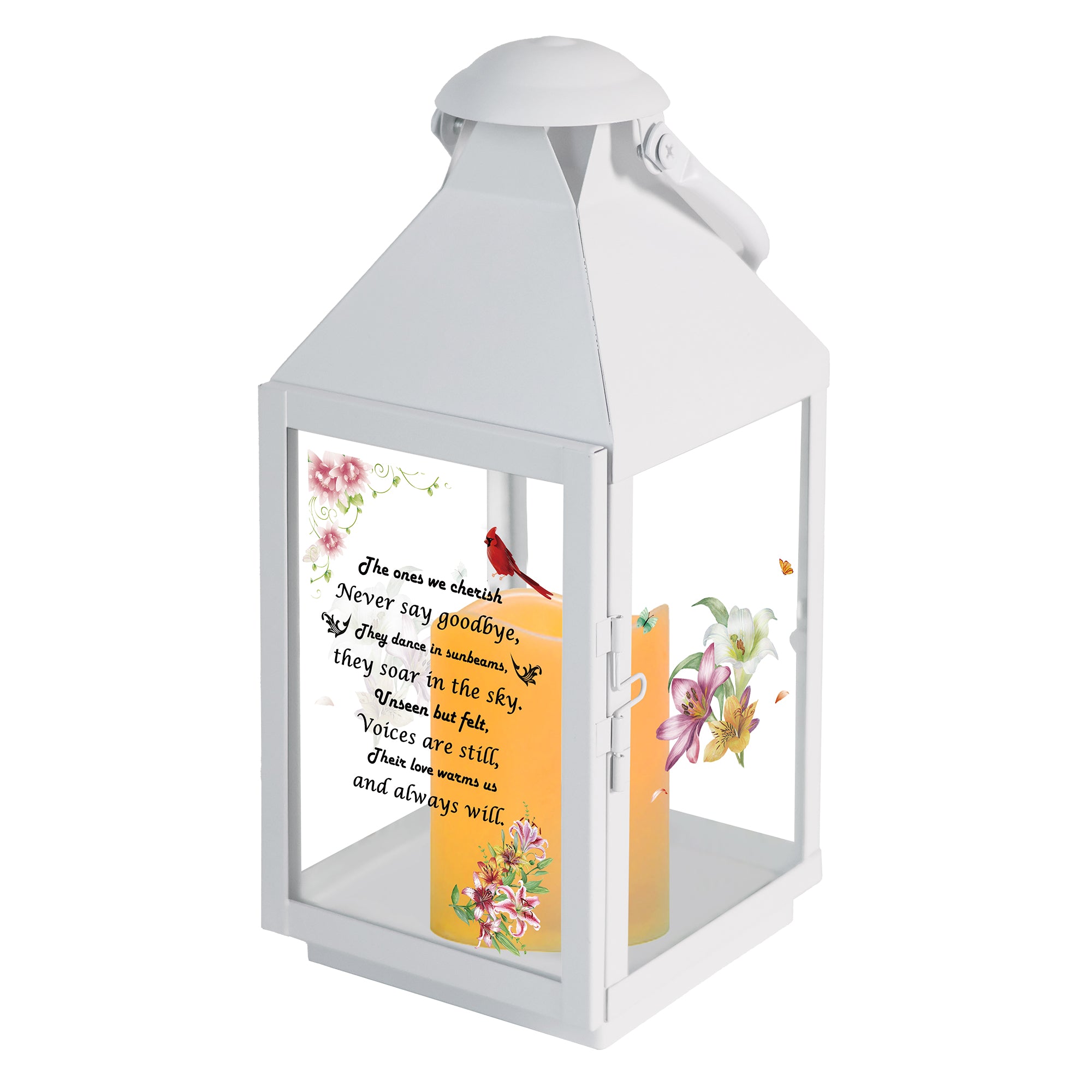 Memorial Lantern Bereavement Gifts in Memory of Loved One – Solar LED Candle Sympathy Gift for Loss of Mother, Father, Family (Lily Flowers Bird)