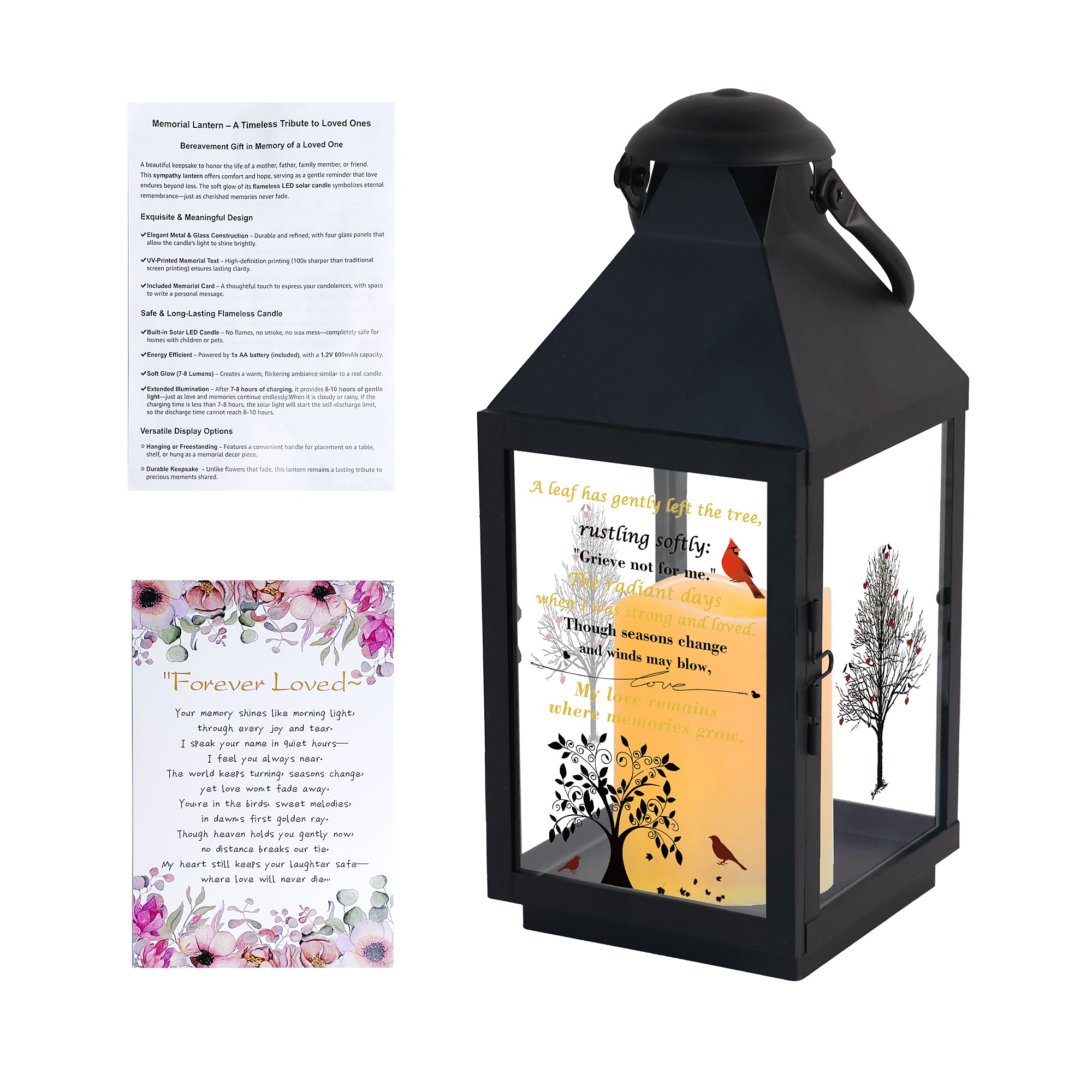Memorial Lantern Bereavement Gifts in Memory of Loved One – Solar LED Candle Sympathy Gift for Loss of Mother, Father, Family(red Tree Bird)