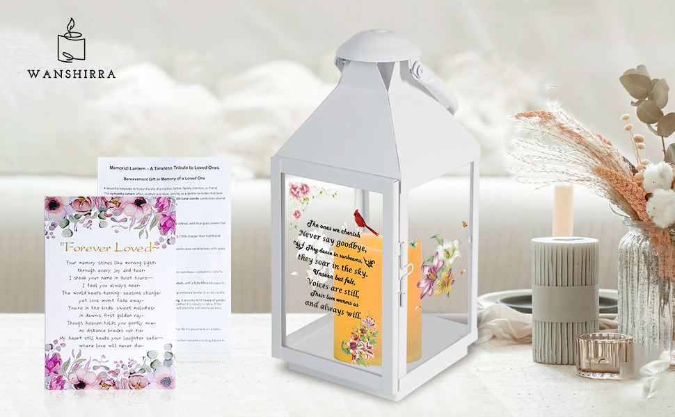 Memorial Lantern Bereavement Gifts in Memory of Loved One – Solar LED Candle Sympathy Gift for Loss of Mother, Father, Family (Lily Flowers Bird)