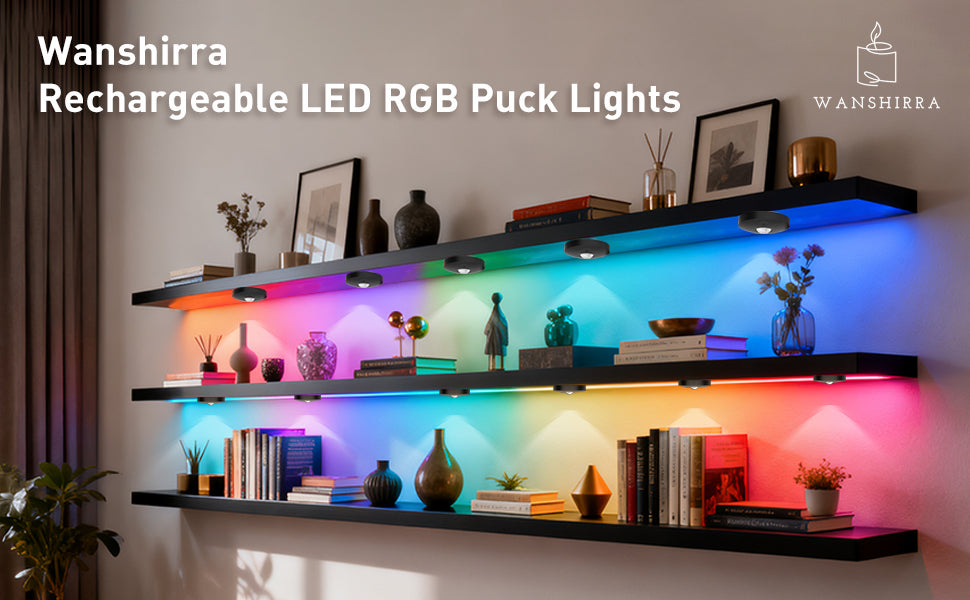 6-Pack Rechargeable LED RGB Puck Lights with Remote, 1200mAh Battery, 15 Colors, Magnetic or Bracket Mount, Charging Dock, Under Cabinet Lights for Kitchen, Closet, Bedroom