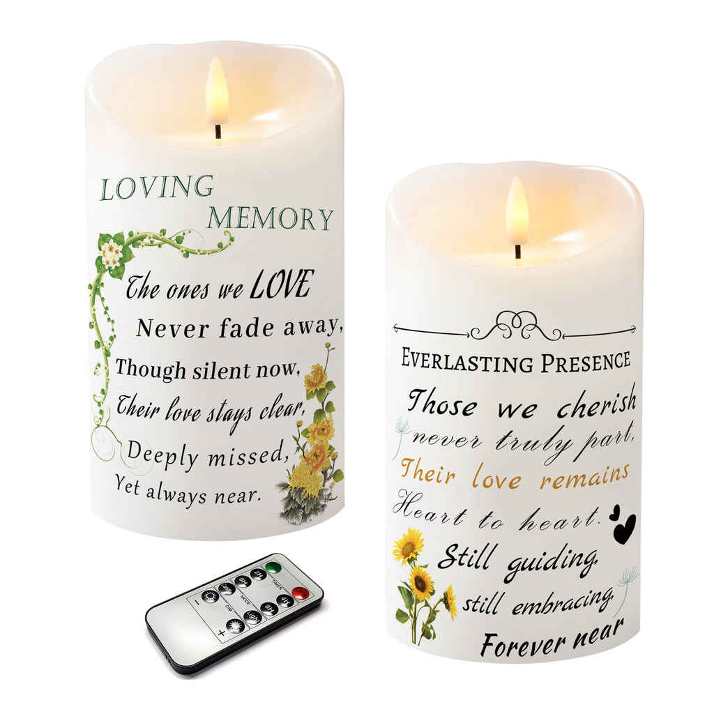 Electronic Flameless Candle - Realistic Wax Memorial Candle with Remote Control, Timer, and Condolence Message, Perfect for Remembering Loved Ones (2 Pack, 4" W × 7" H (Flower)