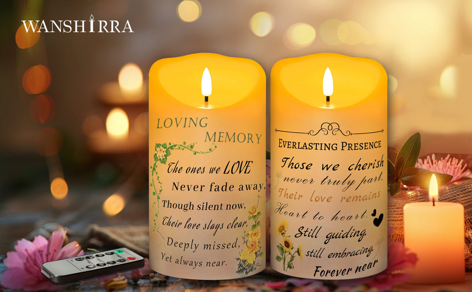 Electronic Flameless Candle - Realistic Wax Memorial Candle with Remote Control, Timer, and Condolence Message, Perfect for Remembering Loved Ones (2 Pack, 4" W × 7" H (Flower)