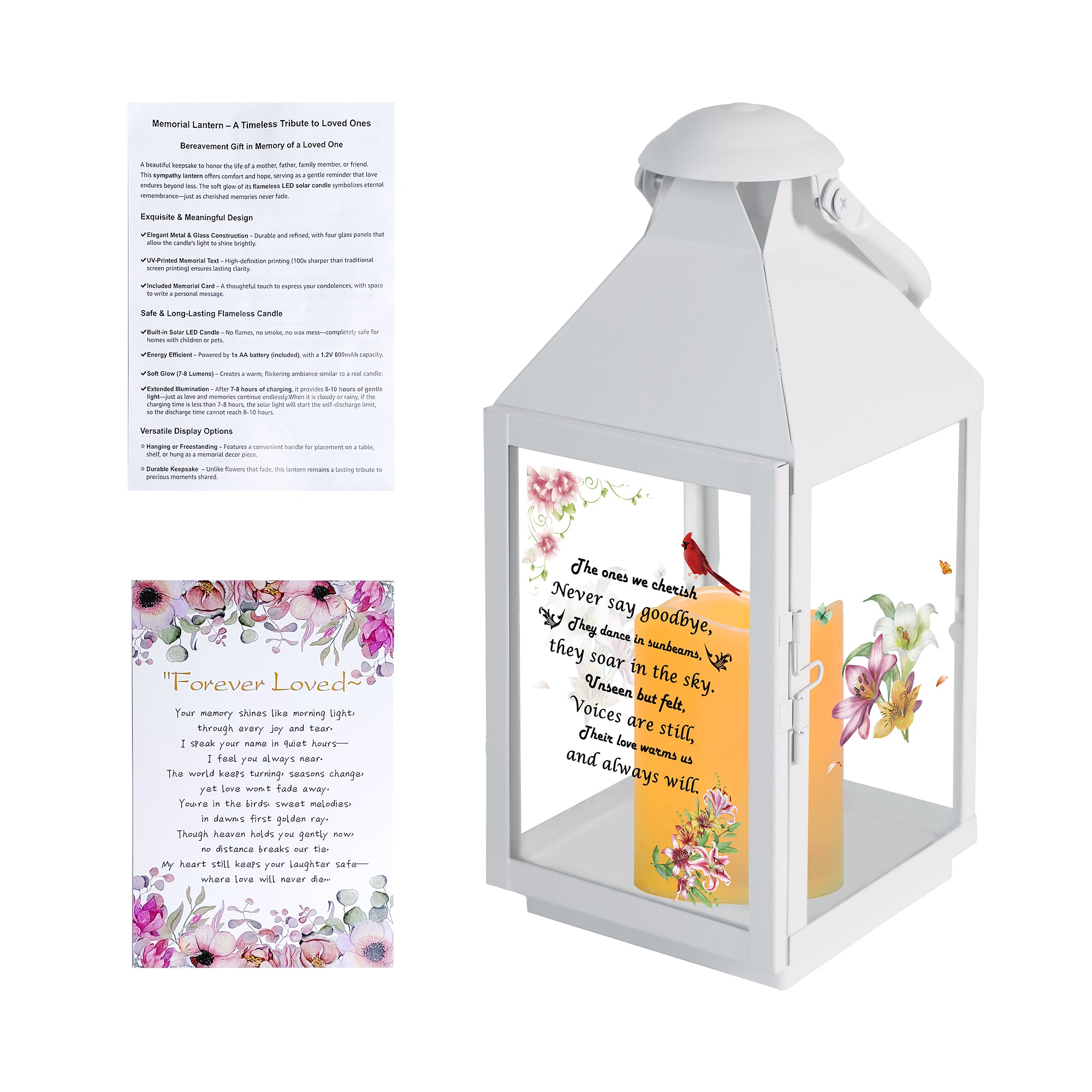 Memorial Lantern Bereavement Gifts in Memory of Loved One – Solar LED Candle Sympathy Gift for Loss of Mother, Father, Family (Lily Flowers Bird)