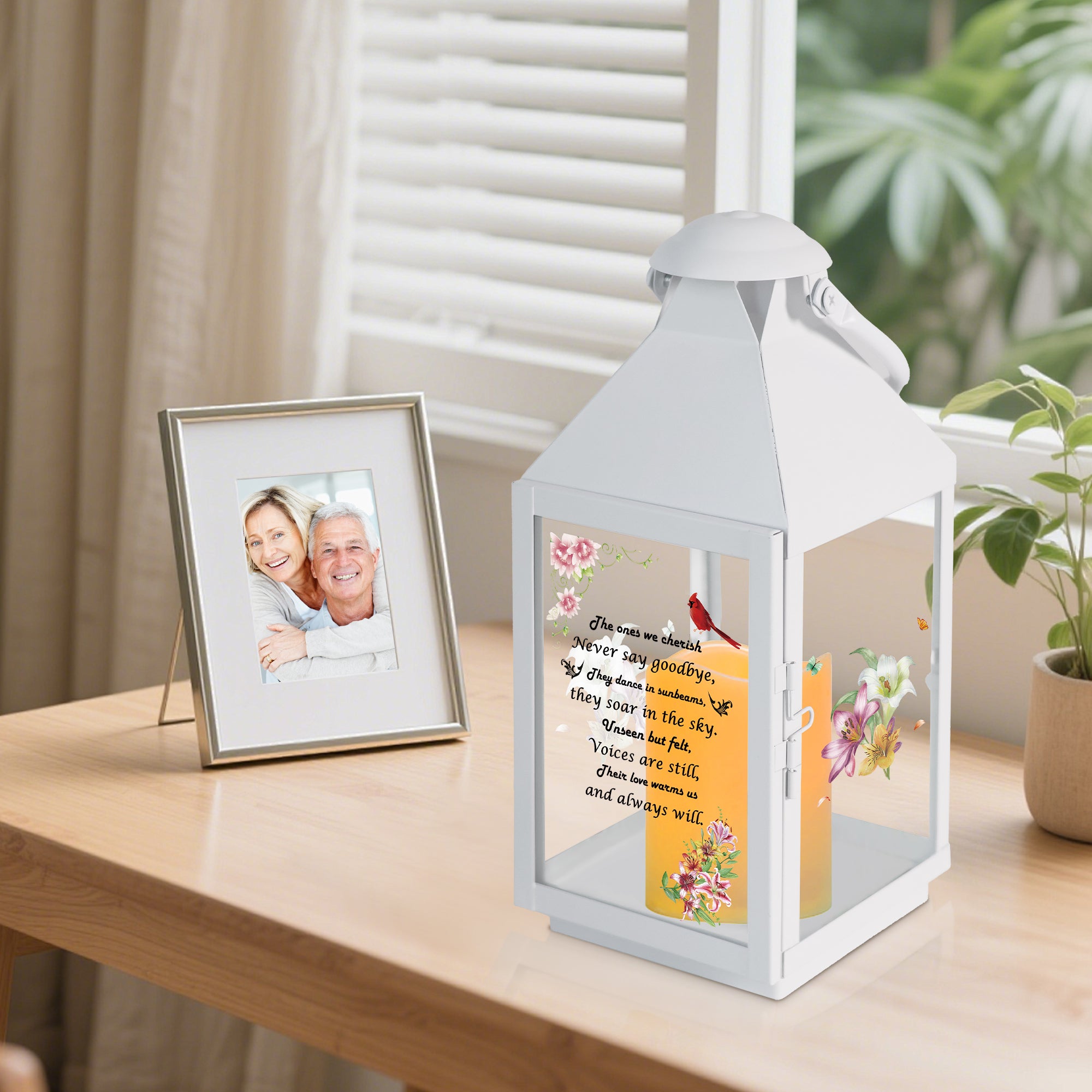 Memorial Lantern Bereavement Gifts in Memory of Loved One – Solar LED Candle Sympathy Gift for Loss of Mother, Father, Family (Lily Flowers Bird)