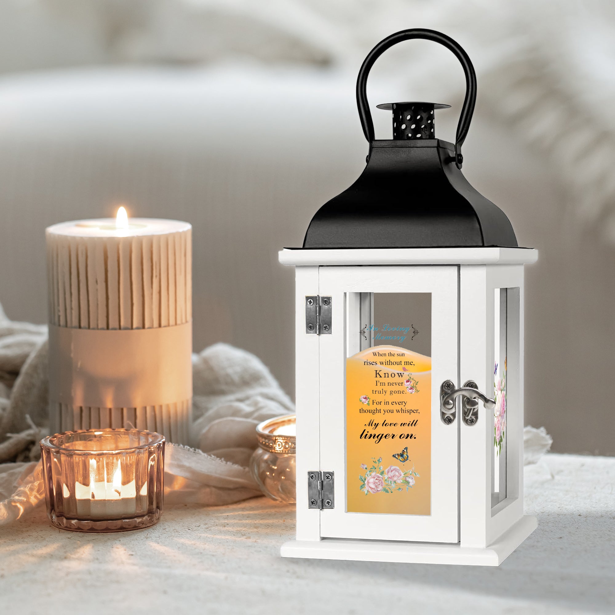 Memorial Lantern Bereavement Gift in Memory of Loved One - Unique Wood & Metal Solar LED Candle Sympathy Gift for Loss of Mother, Father(Butterfly Rose)