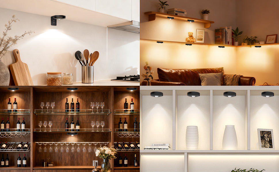 6-Pack Rechargeable Puck Lights with Remote, 1200mAh Battery,3-in-1 Charging Dock, Dual Installation (Magnetic & Bracket), 3 Colors, Dimmable LED Cabinet Lights for Kitchen, Bedroom