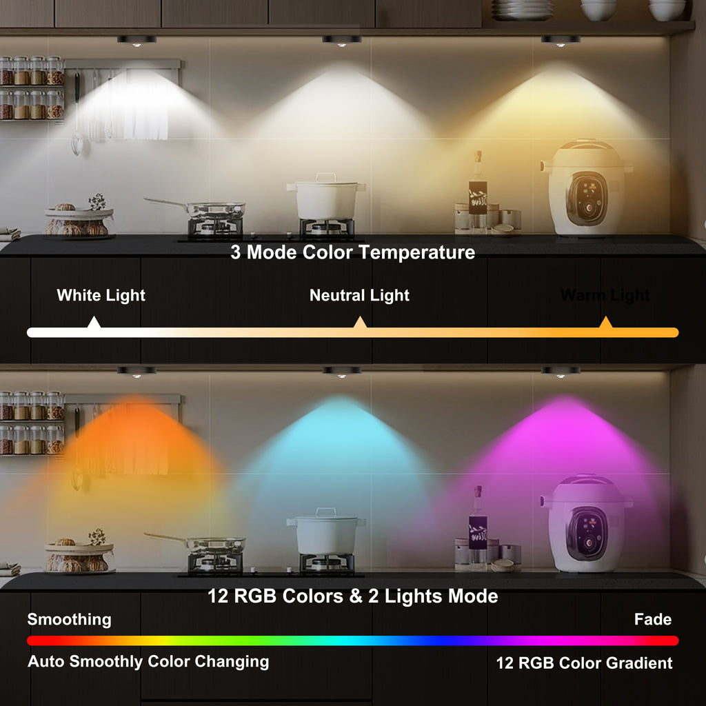 6-Pack Rechargeable LED RGB Puck Lights with Remote, 1200mAh Battery, 15 Colors, Magnetic or Bracket Mount, Charging Dock, Under Cabinet Lights for Kitchen, Closet, Bedroom