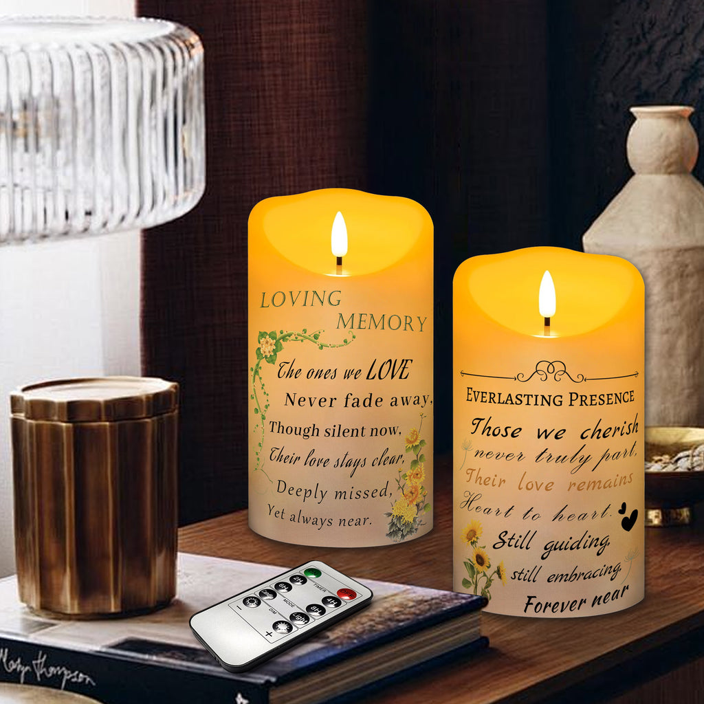 Electronic Flameless Candle - Realistic Wax Memorial Candle with Remote Control, Timer, and Condolence Message, Perfect for Remembering Loved Ones (2 Pack, 4" W × 7" H (Flower)