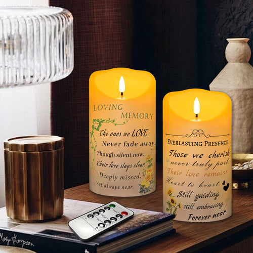 Electronic Flameless Candle - Realistic Wax Memorial Candle with Remote Control, Timer, and Condolence Message, Perfect for Remembering Loved Ones (2 Pack, 4" W × 7" H (Flower)