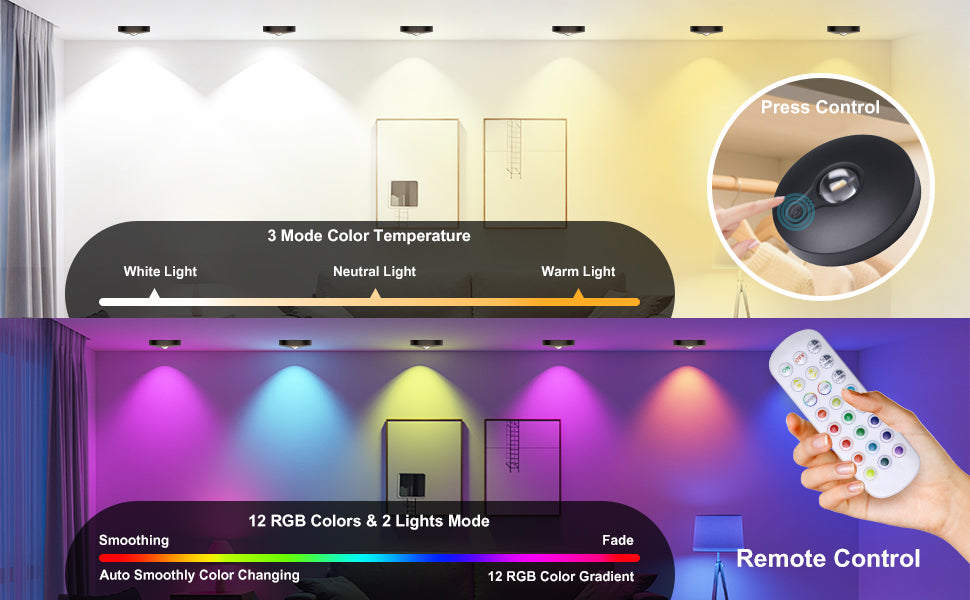 6-Pack Rechargeable LED RGB Puck Lights with Remote, 1200mAh Battery, 15 Colors, Magnetic or Bracket Mount, Charging Dock, Under Cabinet Lights for Kitchen, Closet, Bedroom