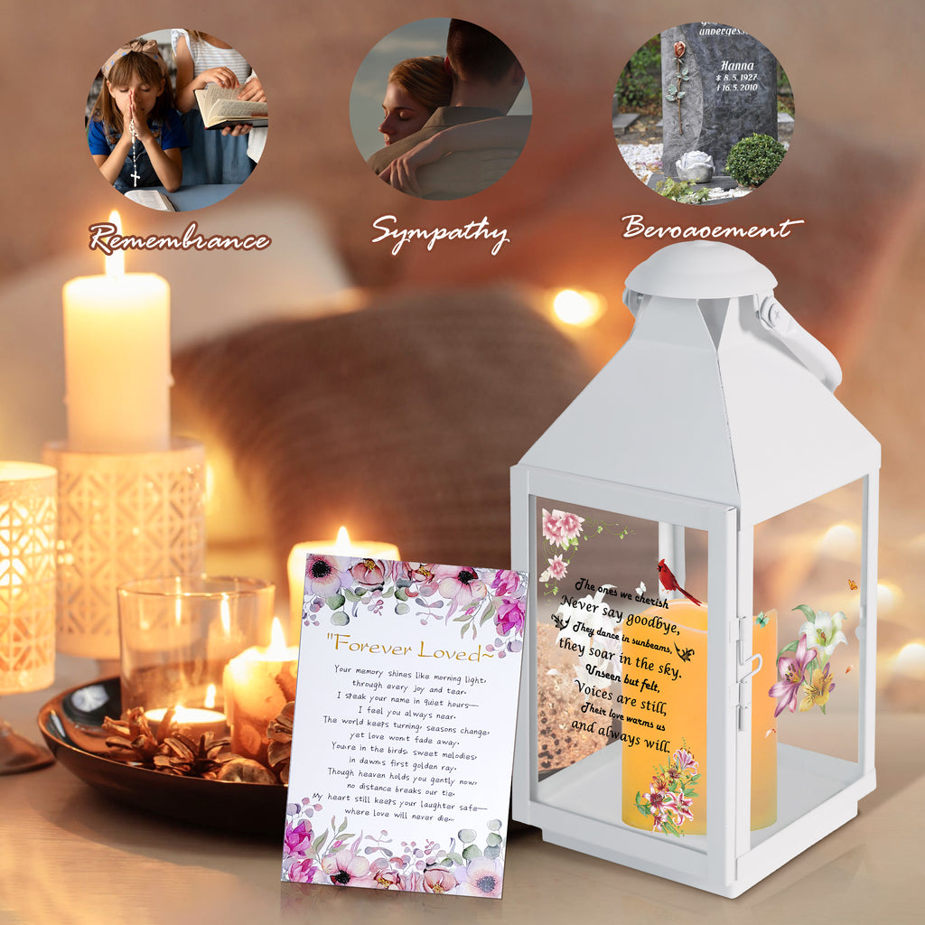 Memorial Lantern Bereavement Gifts in Memory of Loved One – Solar LED Candle Sympathy Gift for Loss of Mother, Father, Family (Lily Flowers Bird)