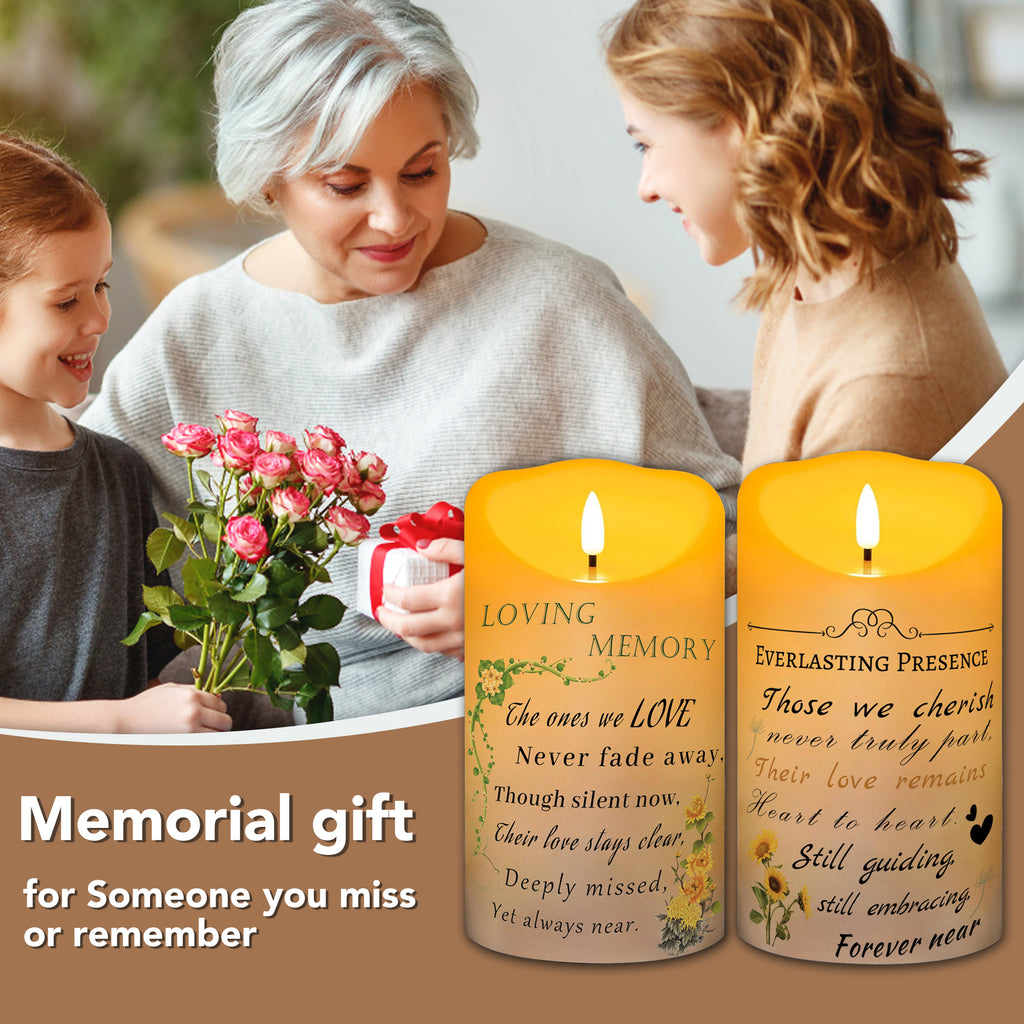 Electronic Flameless Candle - Realistic Wax Memorial Candle with Remote Control, Timer, and Condolence Message, Perfect for Remembering Loved Ones (2 Pack, 4" W × 7" H (Flower)