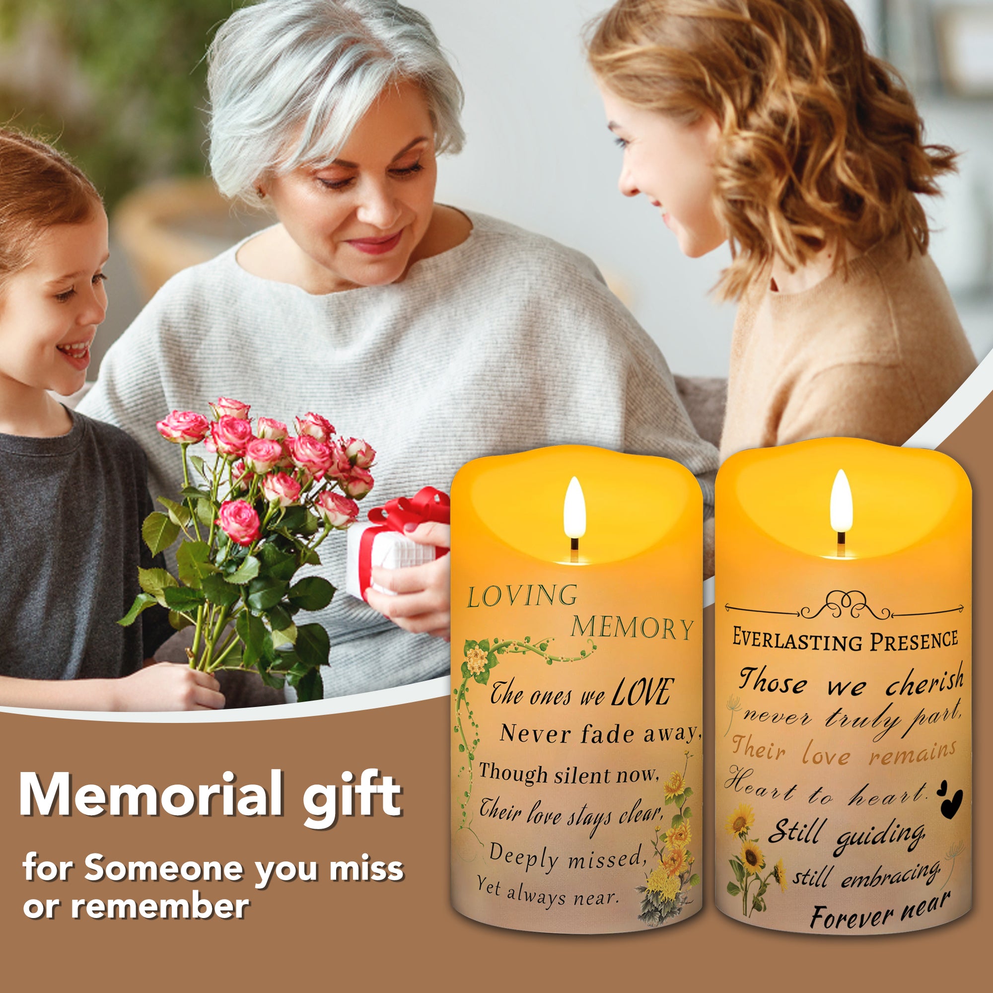 Electronic Flameless Candle - Realistic Wax Memorial Candle with Remote Control, Timer, and Condolence Message, Perfect for Remembering Loved Ones (2 Pack, 4" W × 7" H (Flower)