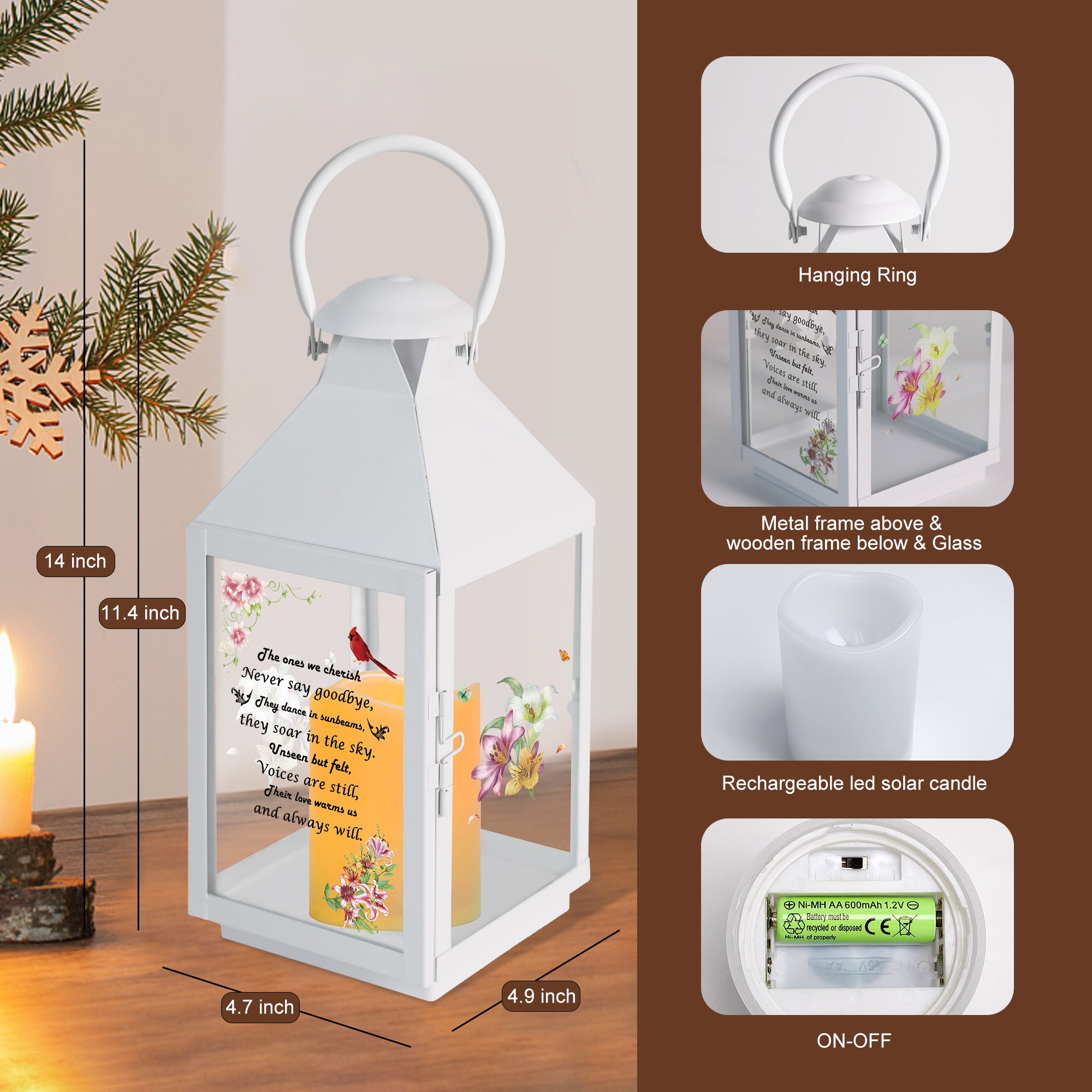 Memorial Lantern Bereavement Gifts in Memory of Loved One – Solar LED Candle Sympathy Gift for Loss of Mother, Father, Family (Lily Flowers Bird)