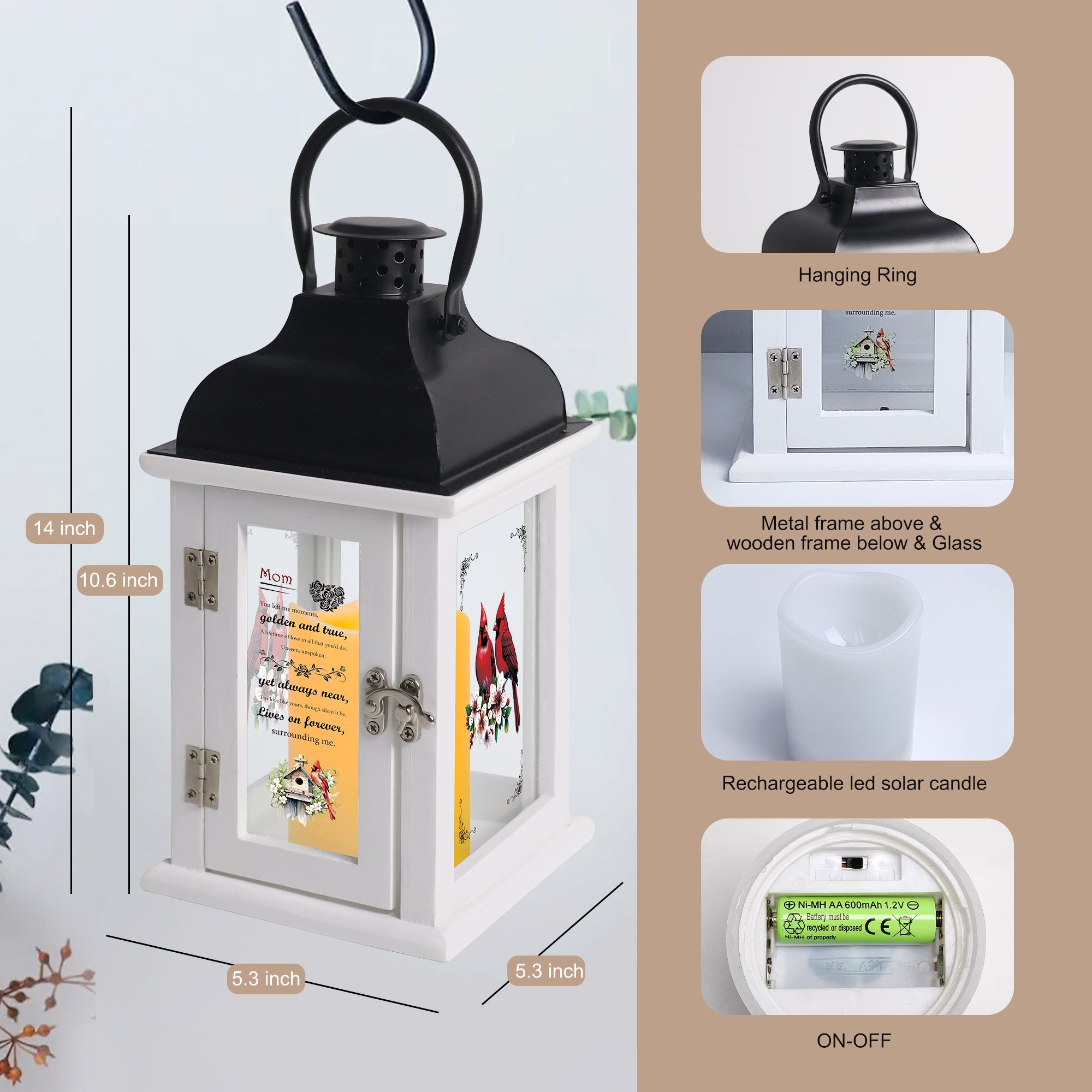 Memorial Lantern Bereavement Gift in Memory of Loved One - Unique Wood & Metal Solar LED Candle Sympathy Gift for Loss of Mother, Father(Love Bird)