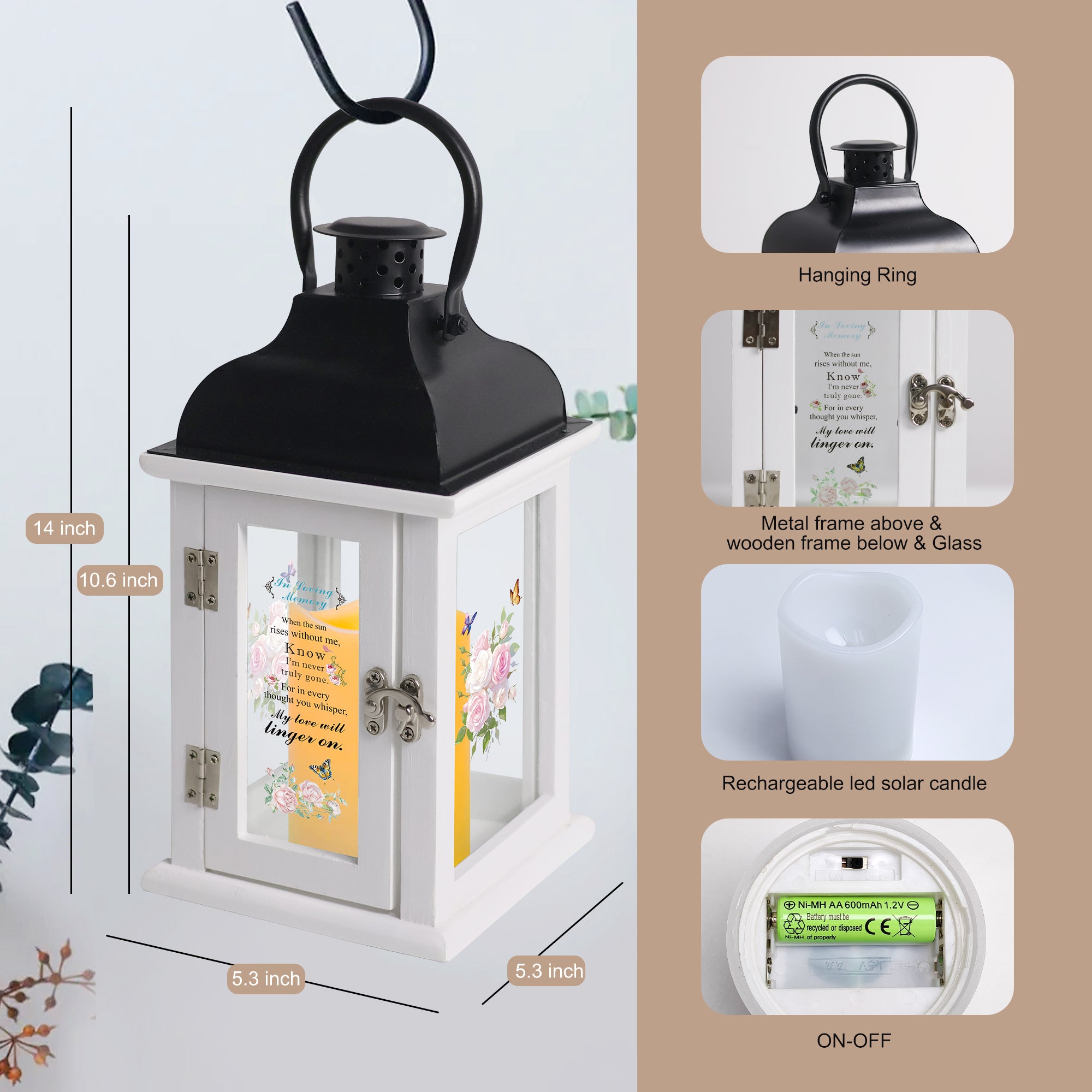 Memorial Lantern Bereavement Gift in Memory of Loved One - Unique Wood & Metal Solar LED Candle Sympathy Gift for Loss of Mother, Father(Butterfly Rose)