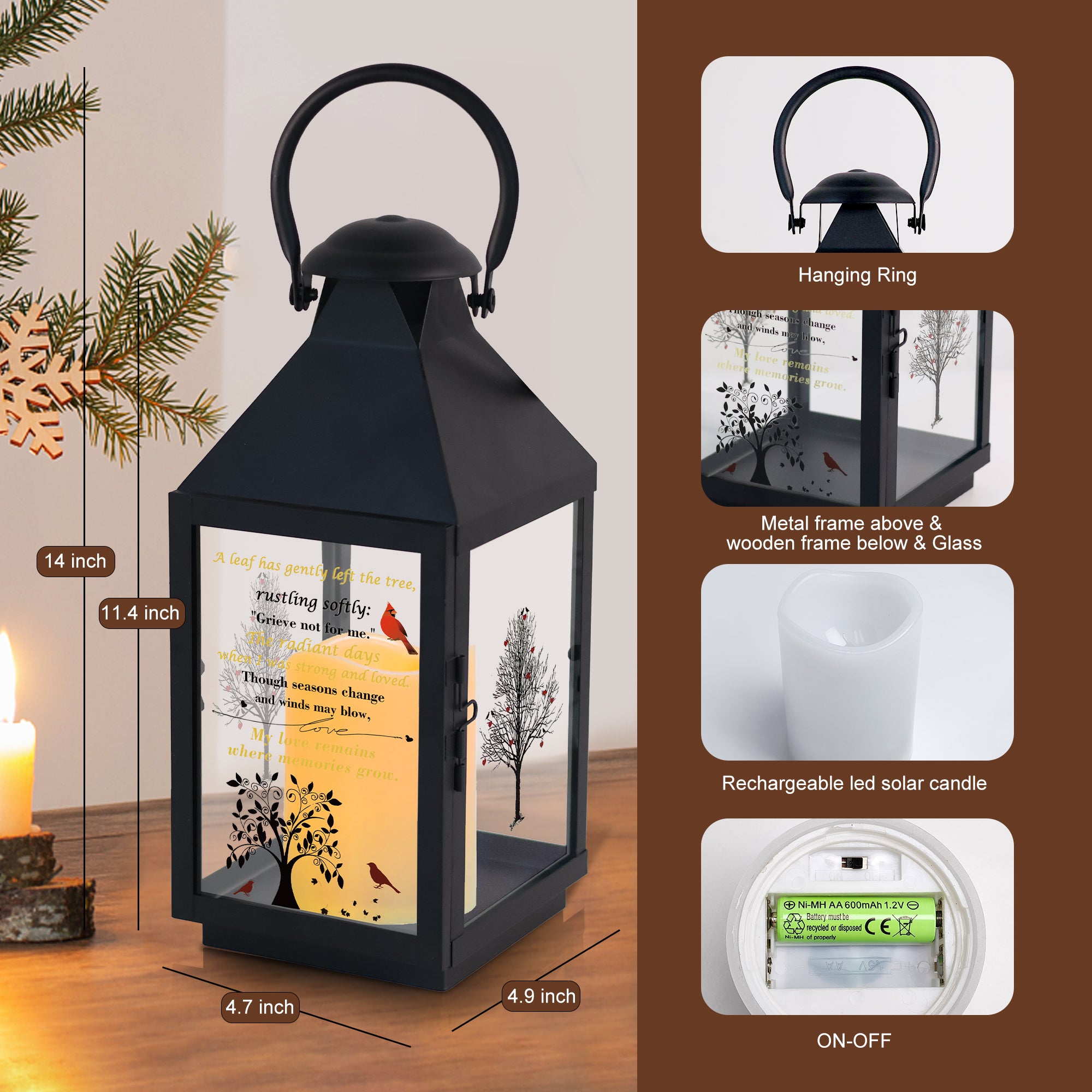 Memorial Lantern Bereavement Gifts in Memory of Loved One – Solar LED Candle Sympathy Gift for Loss of Mother, Father, Family(red Tree Bird)