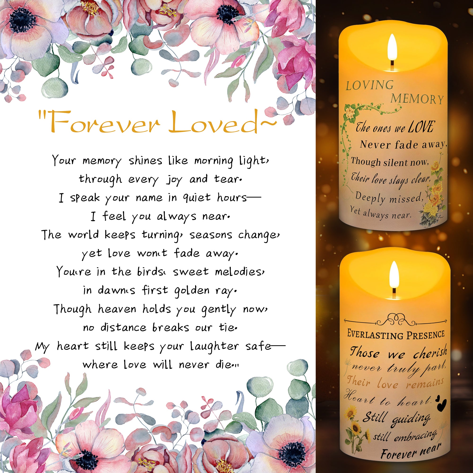 Electronic Flameless Candle - Realistic Wax Memorial Candle with Remote Control, Timer, and Condolence Message, Perfect for Remembering Loved Ones (2 Pack, 4" W × 7" H (Flower)