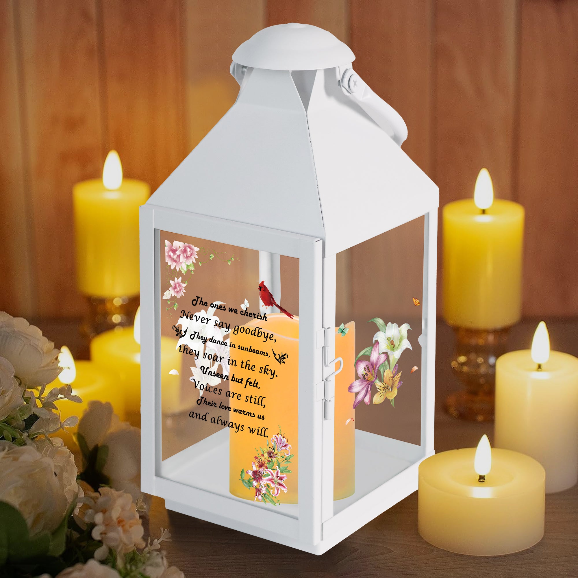 Memorial Lantern Bereavement Gifts in Memory of Loved One – Solar LED Candle Sympathy Gift for Loss of Mother, Father, Family (Lily Flowers Bird)