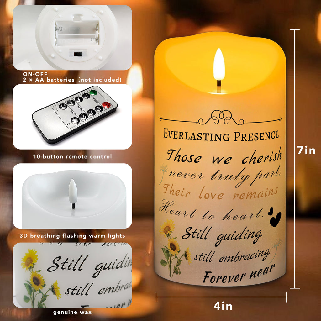 Electronic Flameless Candle - Realistic Wax Memorial Candle with Remote Control, Timer, and Condolence Message, Perfect for Remembering Loved Ones (2 Pack, 4" W × 7" H (Flower)