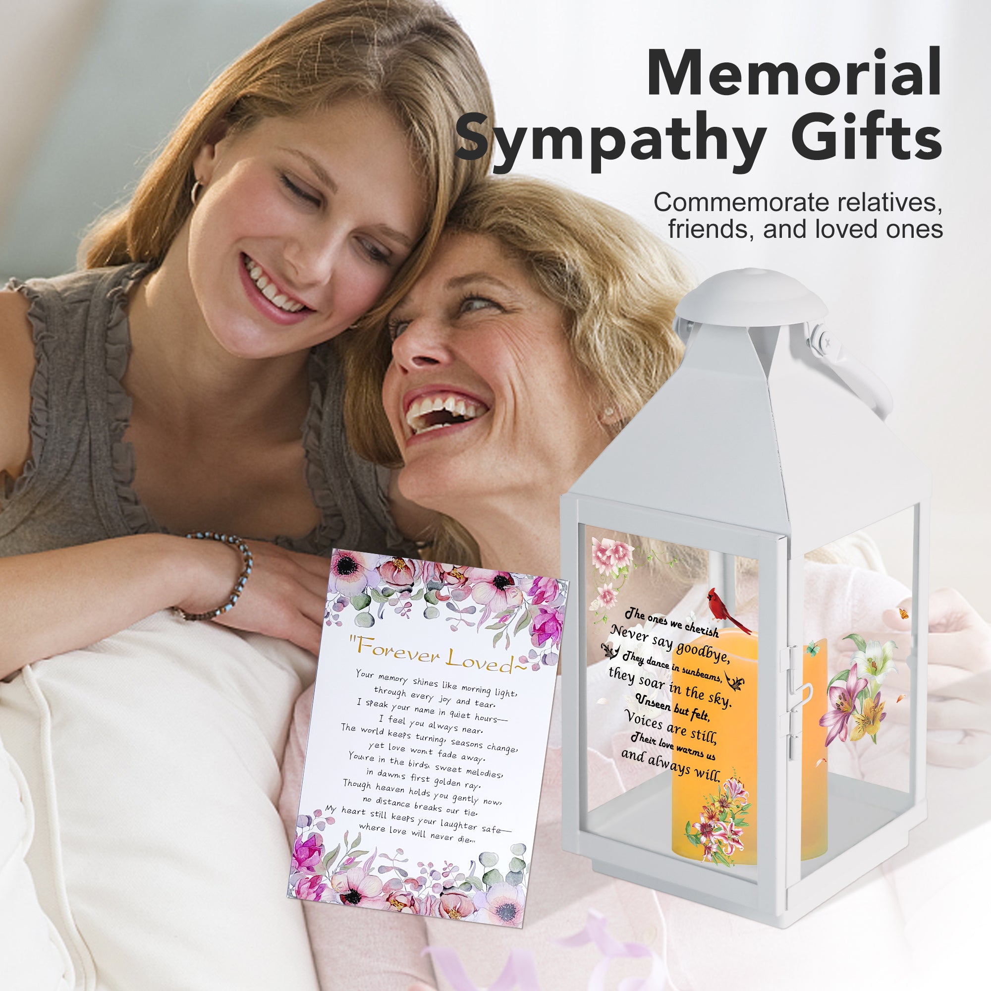 Memorial Lantern Bereavement Gifts in Memory of Loved One – Solar LED Candle Sympathy Gift for Loss of Mother, Father, Family (Lily Flowers Bird)