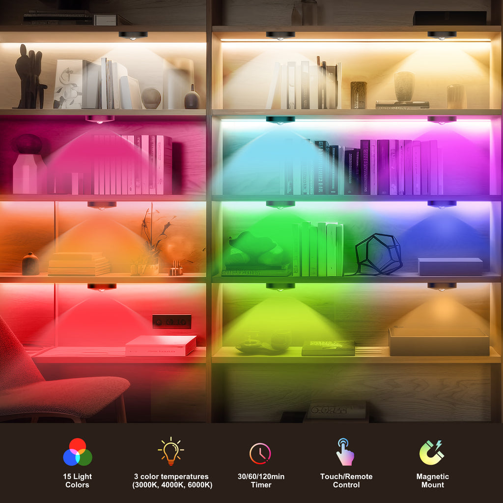 6-Pack Rechargeable LED RGB Puck Lights with Remote, 1200mAh Battery, 15 Colors, Magnetic or Bracket Mount, Charging Dock, Under Cabinet Lights for Kitchen, Closet, Bedroom