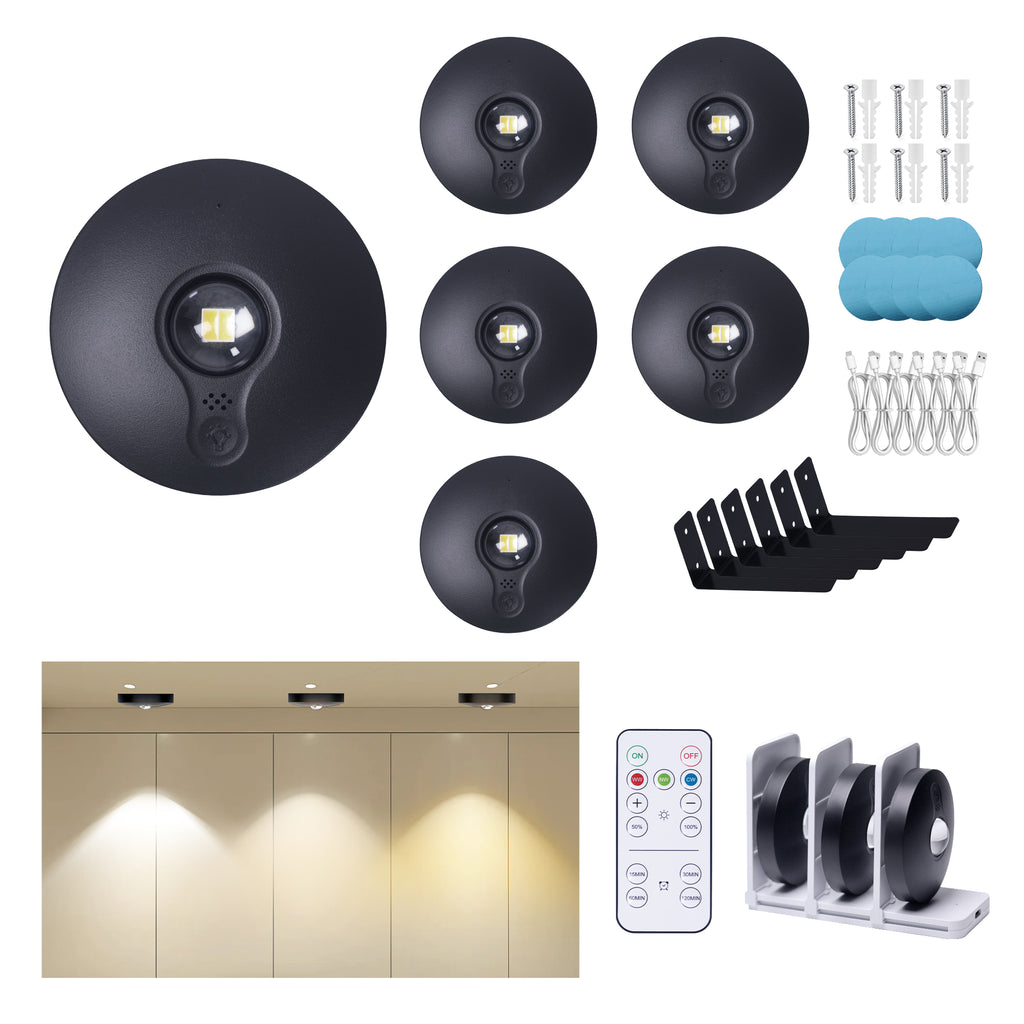 6-Pack Rechargeable Puck Lights with Remote, 1200mAh Battery,3-in-1 Charging Dock, Dual Installation (Magnetic & Bracket), 3 Colors, Dimmable LED Cabinet Lights for Kitchen, Bedroom