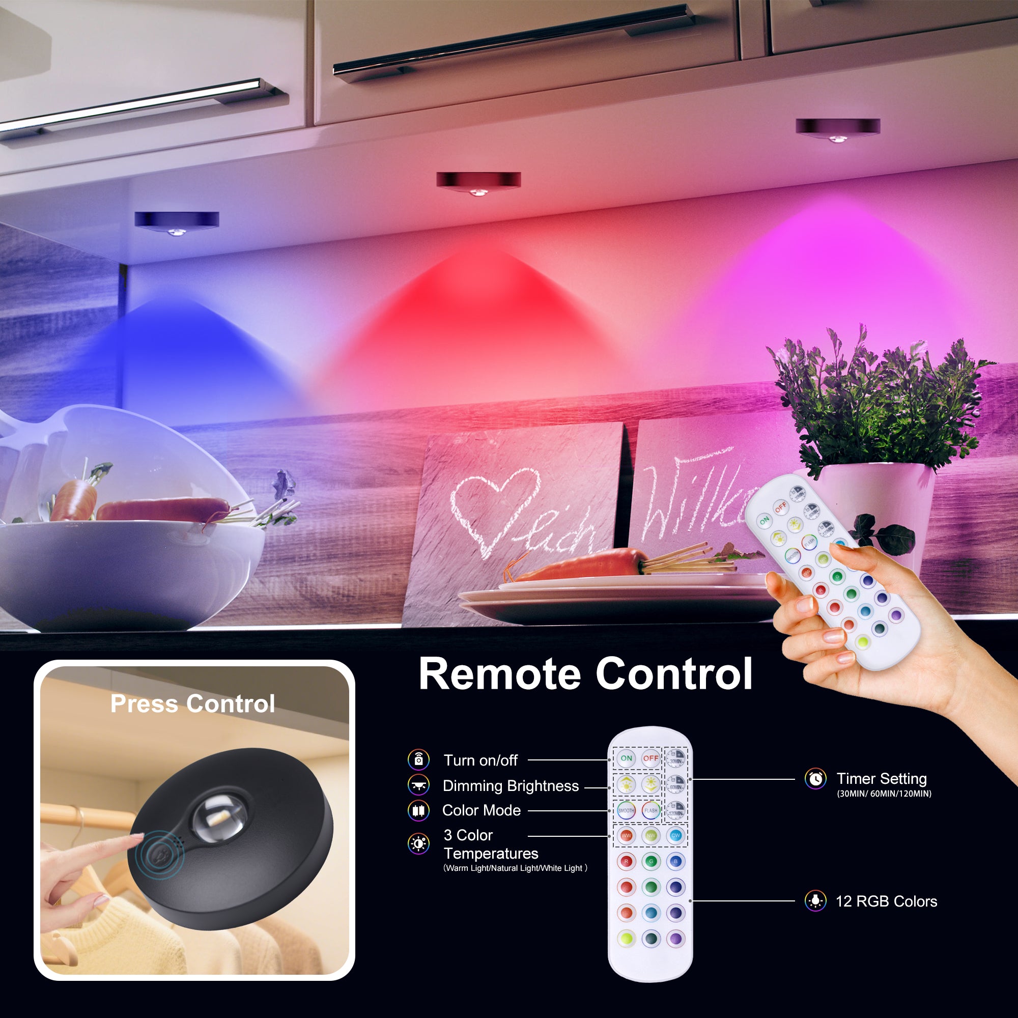 6-Pack Rechargeable LED RGB Puck Lights with Remote, 1200mAh Battery, 15 Colors, Magnetic or Bracket Mount, Charging Dock, Under Cabinet Lights for Kitchen, Closet, Bedroom